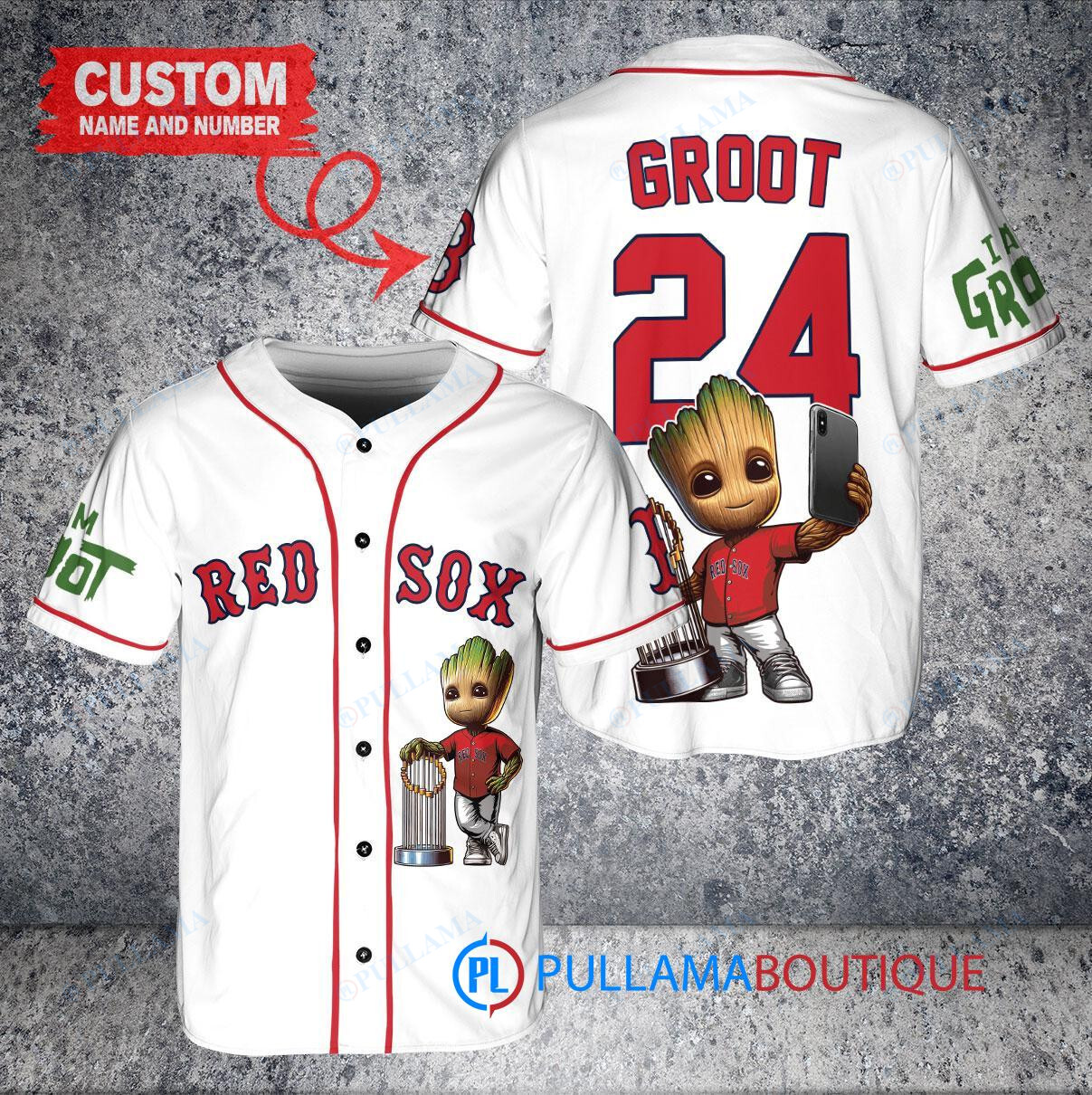 Boston Red Sox x Baby Groot Marvel Guardians Of The Galaxy with Trophy Custom Baseball Jersey White