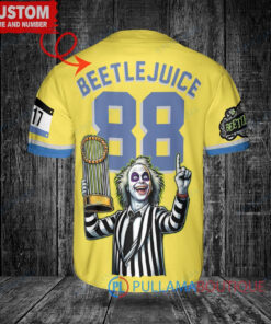 Boston Red Sox x Beetlejuice Halloween with World Series Trophy Custom Baseball Jersey Gold-Light Blue City Connect