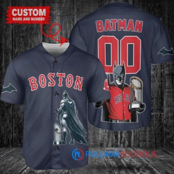 Boston Red Sox x DC Comics Batman The Dark Knight with Trophy Custom Baseball Jersey Navy