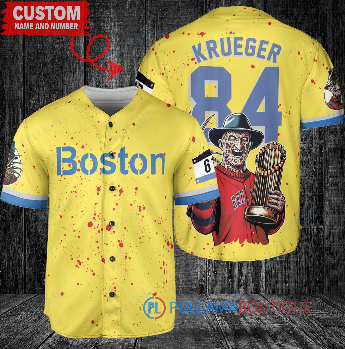 Boston Red Sox x Freddy Krueger A Nightmare on Elm Street Halloween with World Series Trophy Custom Baseball Jersey Gold-Light Blue City Connect