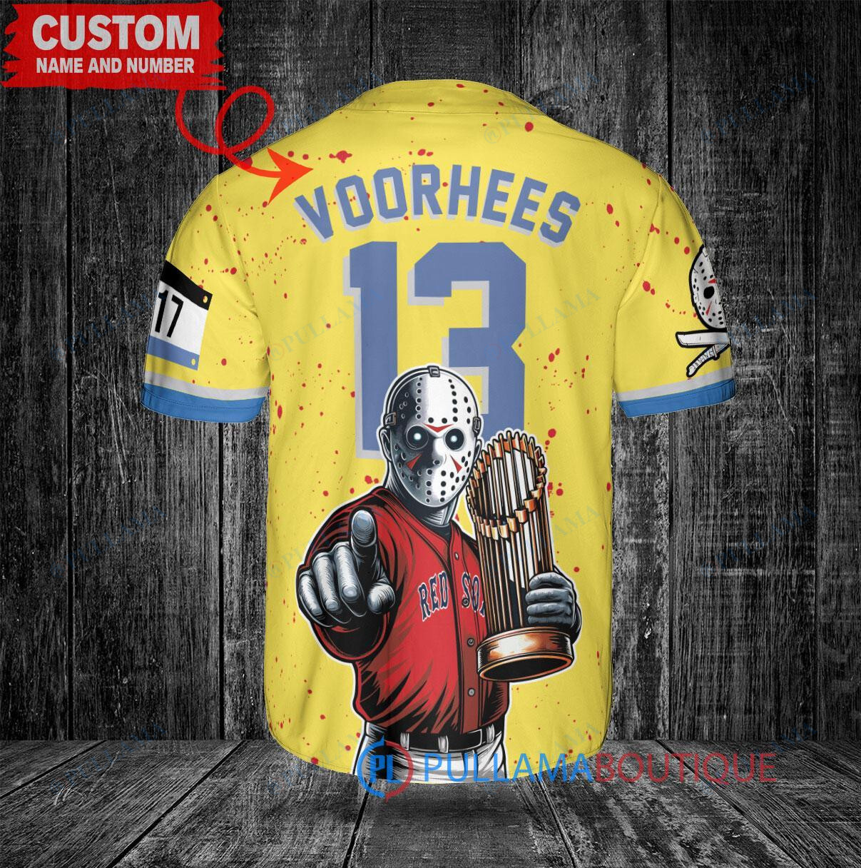 Boston Red Sox x Friday the 13th Jason Voorhees Halloween with World Series Trophy Custom Baseball Jersey Gold-Light Blue City Connect