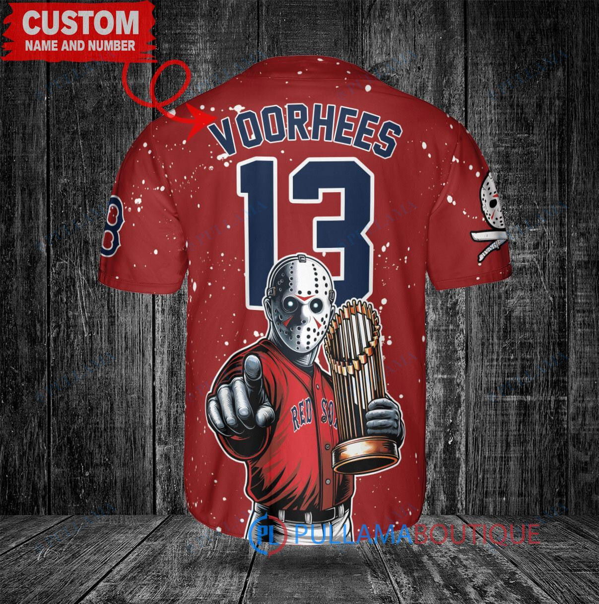 Boston Red Sox x Friday the 13th Jason Voorhees Halloween with World Series Trophy Custom Baseball Jersey Red