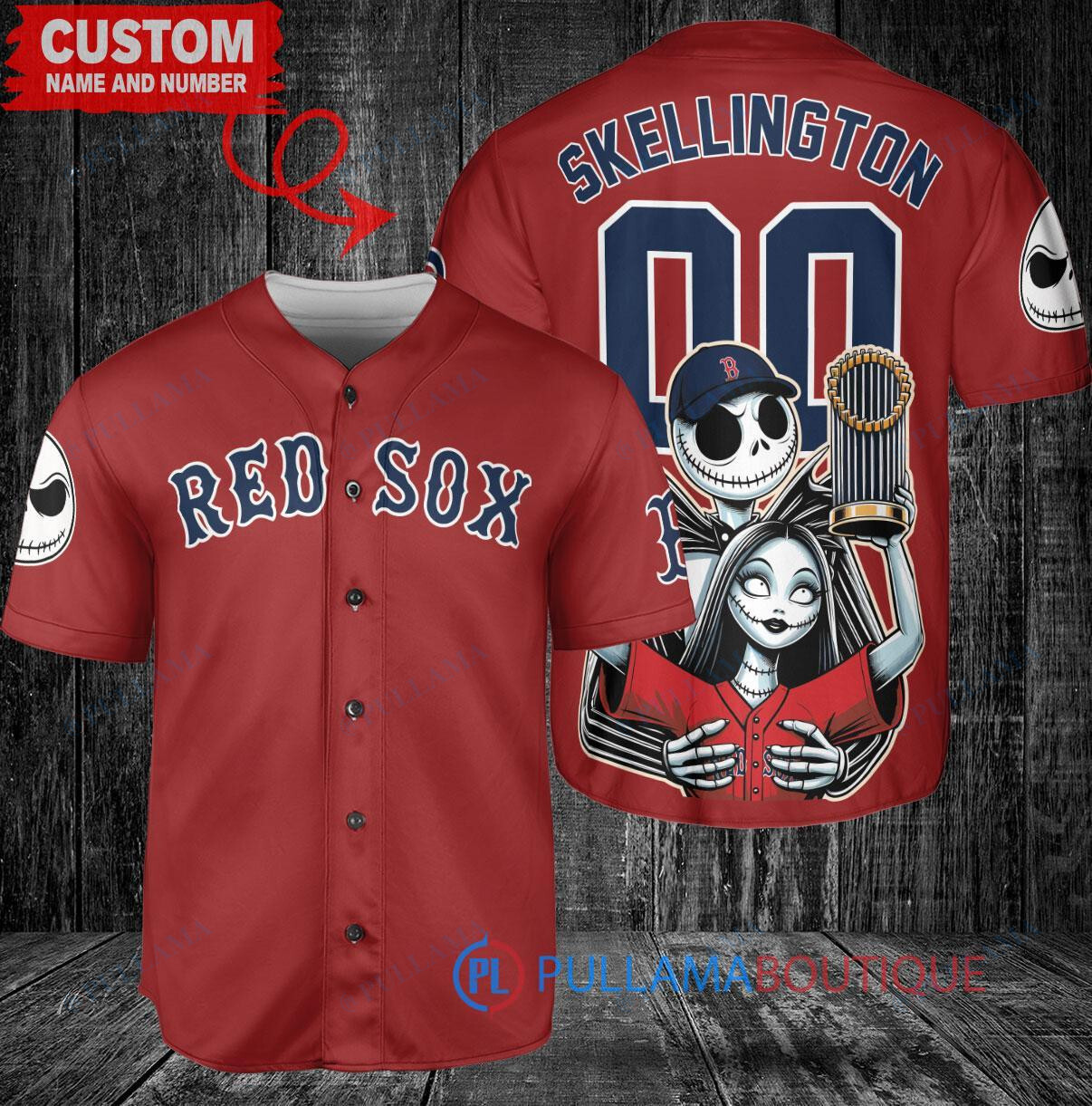Boston Red Sox x Jack Skellington and Sally The Nightmare Before Christmas with World Series Trophy Custom Baseball Jersey Red
