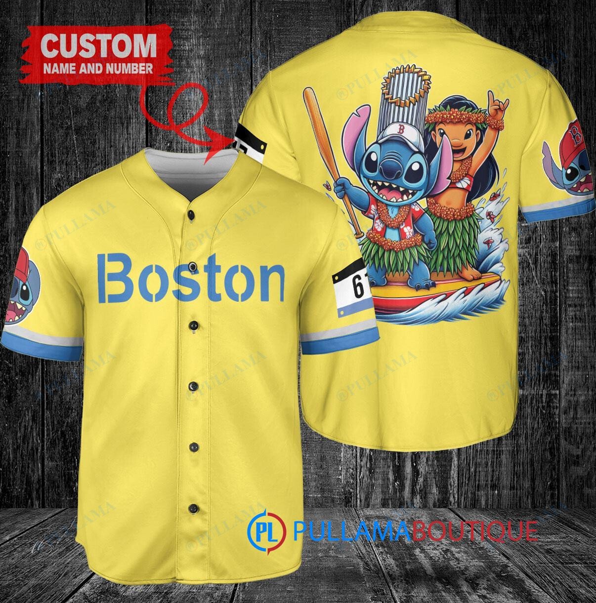 Boston Red Sox x Lilo & Stitch with Trophy Baseball Jersey Gold-Light Blue City Connect