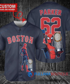 Boston Red Sox x Marvel Spiderman with Trophy Custom Baseball Jersey Navy