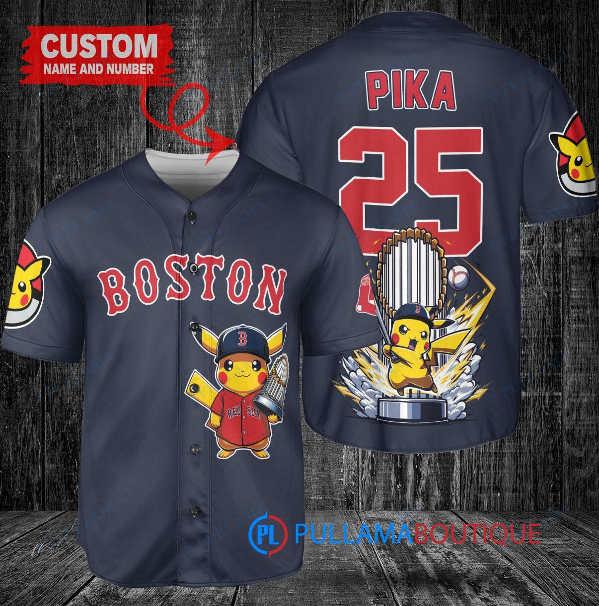 Boston Red Sox x Pikachu Pokemon with Trophy Custom Baseball Jersey Navy