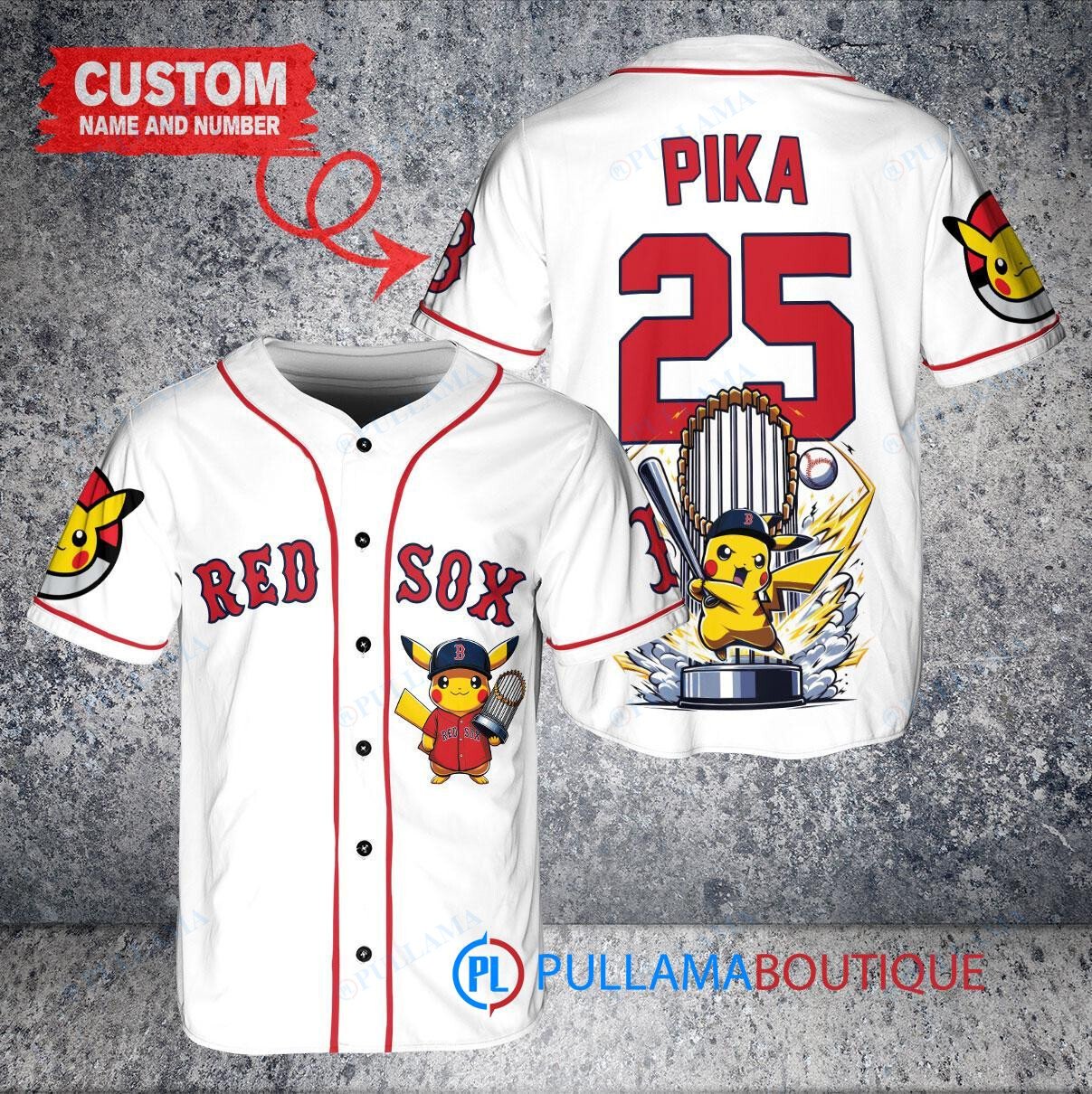 Boston Red Sox x Pikachu Pokemon with Trophy Custom Baseball Jersey White