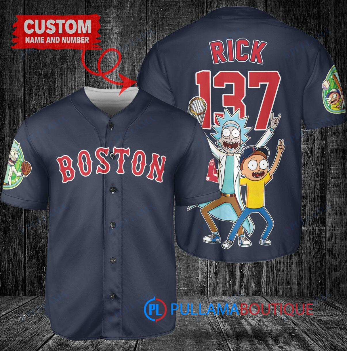 Boston Red Sox x Rick and Morty with Trophy Custom Baseball Jersey Navy