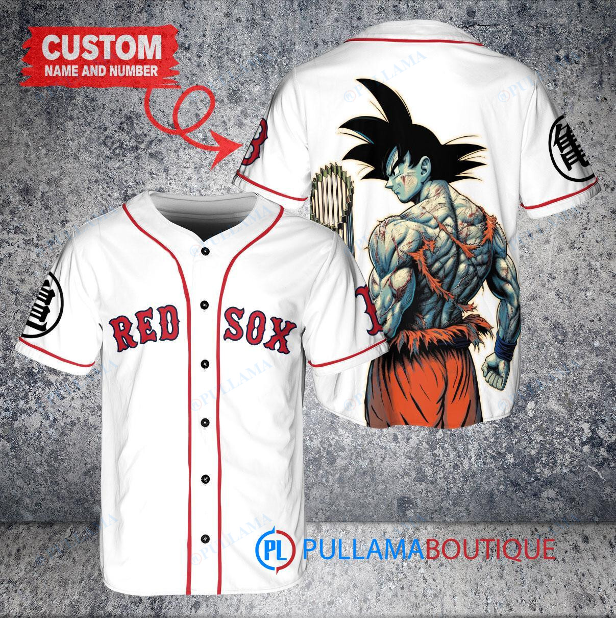Boston Red Sox x Son Goku Kakarot Super Saiyan Dragon Ball Z with Trophy Baseball Jersey White