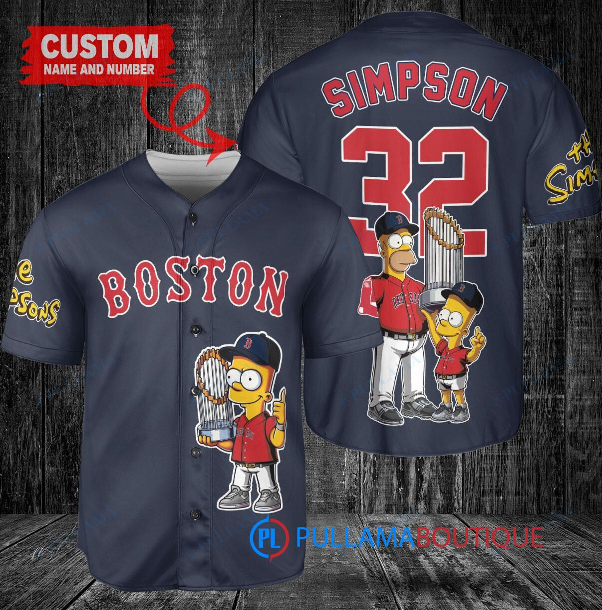 Boston Red Sox x The Simpsons Bart Simpson, Homer Simpson, Lisa Simpson with Trophy Custom Baseball Jersey Navy