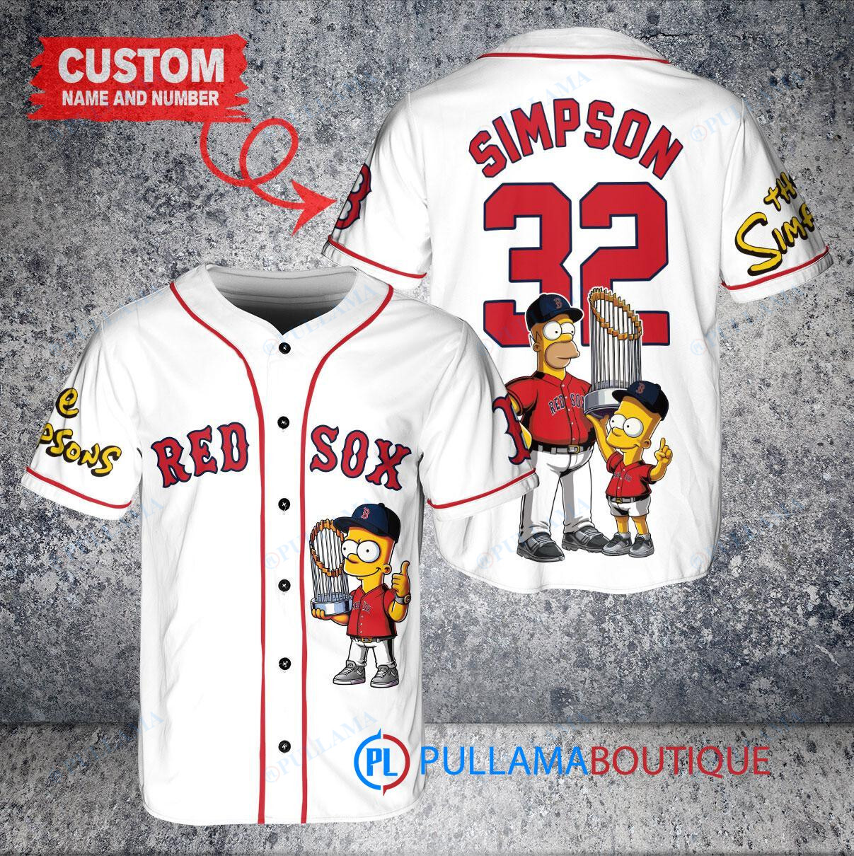 Boston Red Sox x The Simpsons Bart Simpson, Homer Simpson, Lisa Simpson with Trophy Custom Baseball Jersey White
