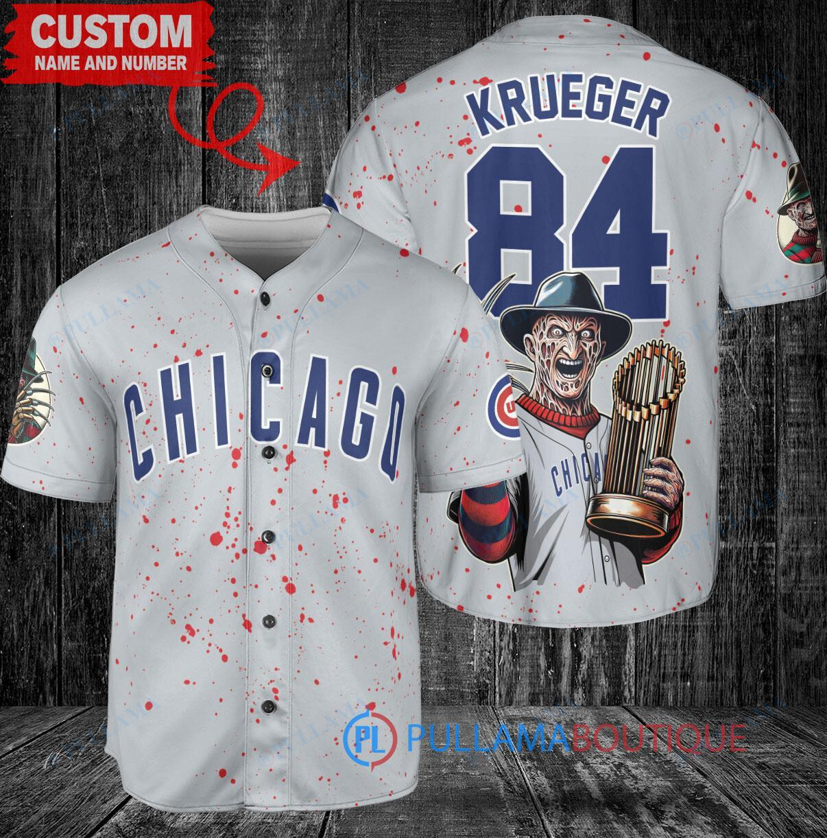 Chicago Cubs Freddy Krueger Halloween World Series Trophy Baseball Jersey Gray