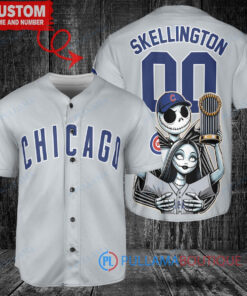 Chicago Cubs Jack Skellington Sally World Series Trophy Baseball Jersey Gray
