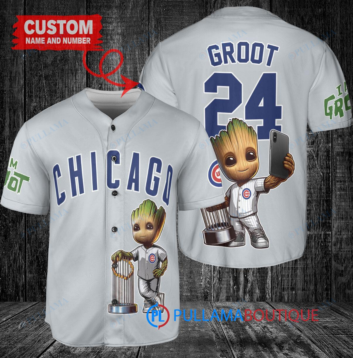 Chicago Cubs x Baby Groot Marvel Guardians Of The Galaxy with Trophy Custom Baseball Jersey Gray