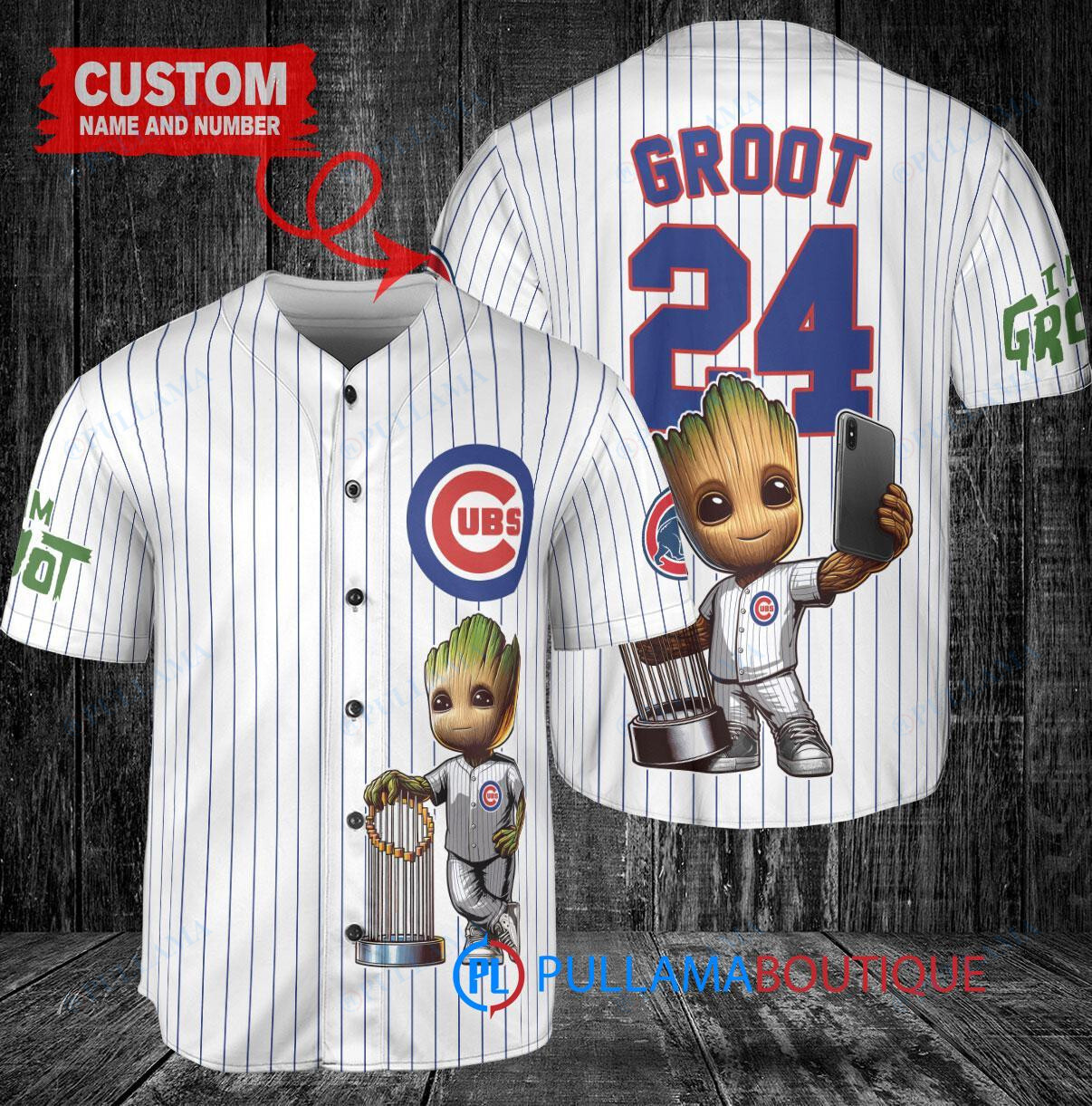 Chicago Cubs x Baby Groot Marvel Guardians Of The Galaxy with Trophy Custom Baseball Jersey White