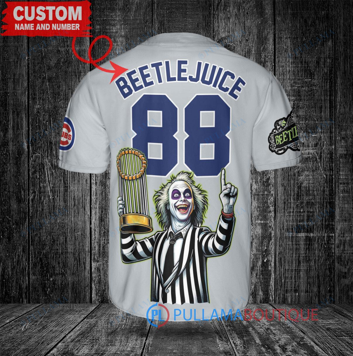 Chicago Cubs x Beetlejuice Halloween with World Series Trophy Custom Baseball Jersey Gray