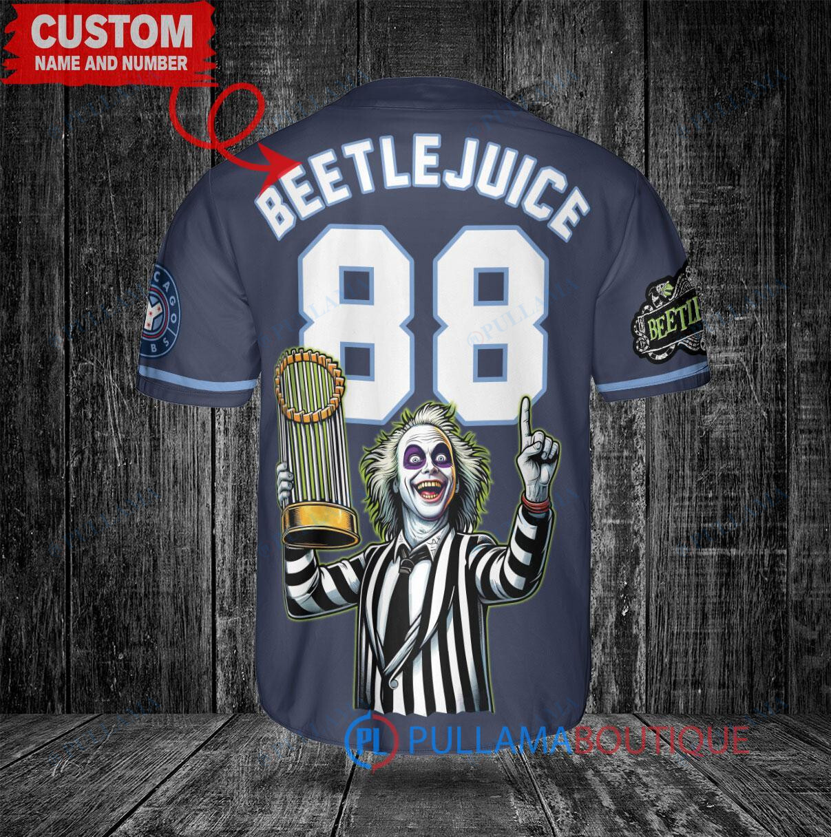 Chicago Cubs x Beetlejuice Halloween with World Series Trophy Custom Baseball Jersey Navy