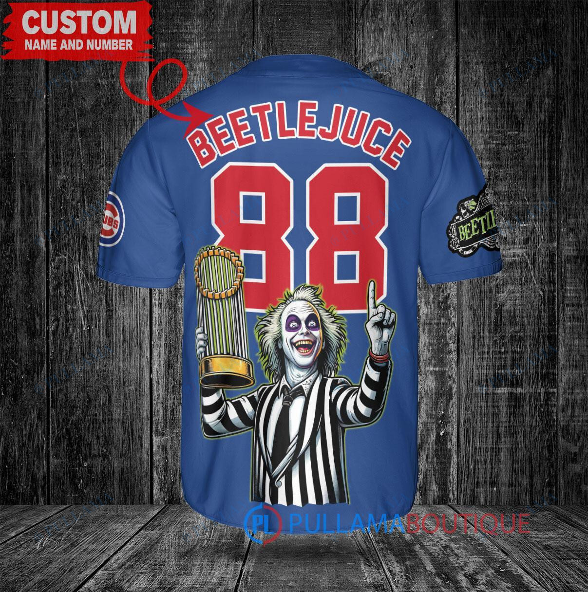 Chicago Cubs x Beetlejuice Halloween with World Series Trophy Custom Baseball Jersey Royal