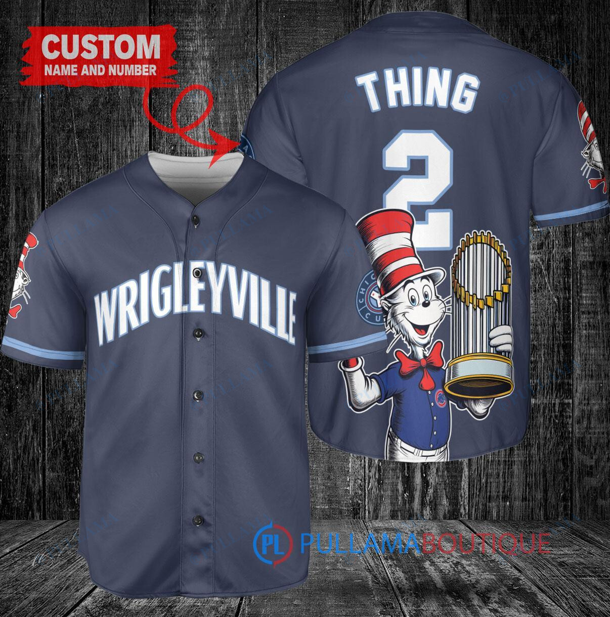 Chicago Cubs x Dr Seuss with World Series Trophy Custom Baseball Jersey Navy