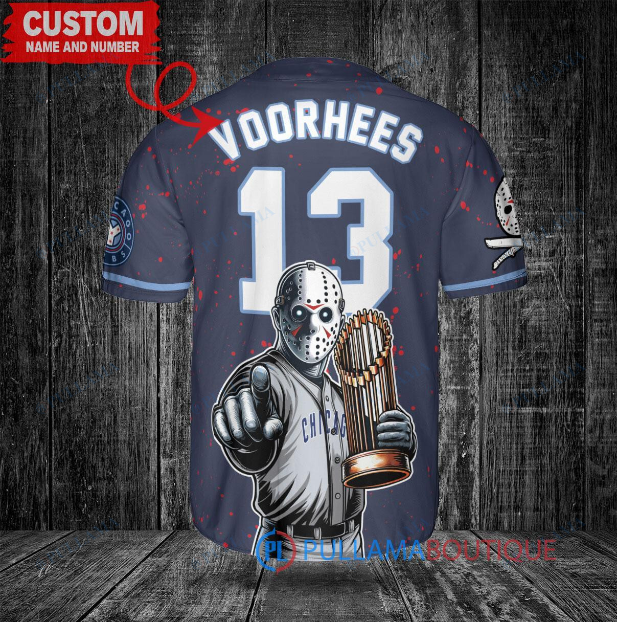Chicago Cubs x Friday the 13th Jason Voorhees Halloween with World Series Trophy Custom Baseball Jersey Navy