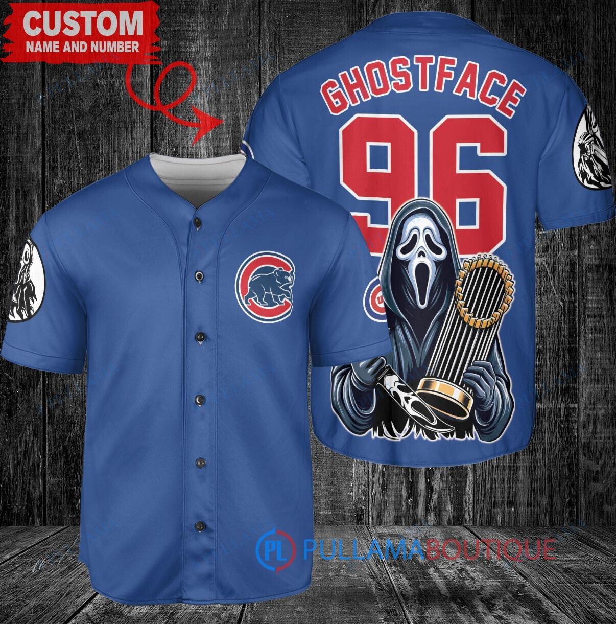 Chicago Cubs x Ghostface Scream Halloween Halloween with World Series Trophy Custom Baseball Jersey Royal