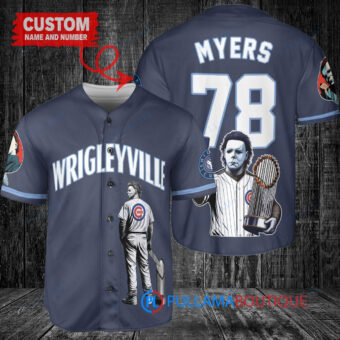 Chicago Cubs x Halloween Michael Myers with Trophy Custom Baseball Jersey Navy