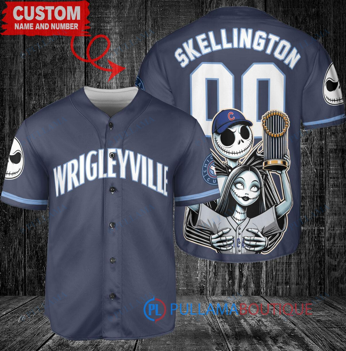 Chicago Cubs x Jack Skellington and Sally The Nightmare Before Christmas with World Series Trophy Custom Baseball Jersey Navy