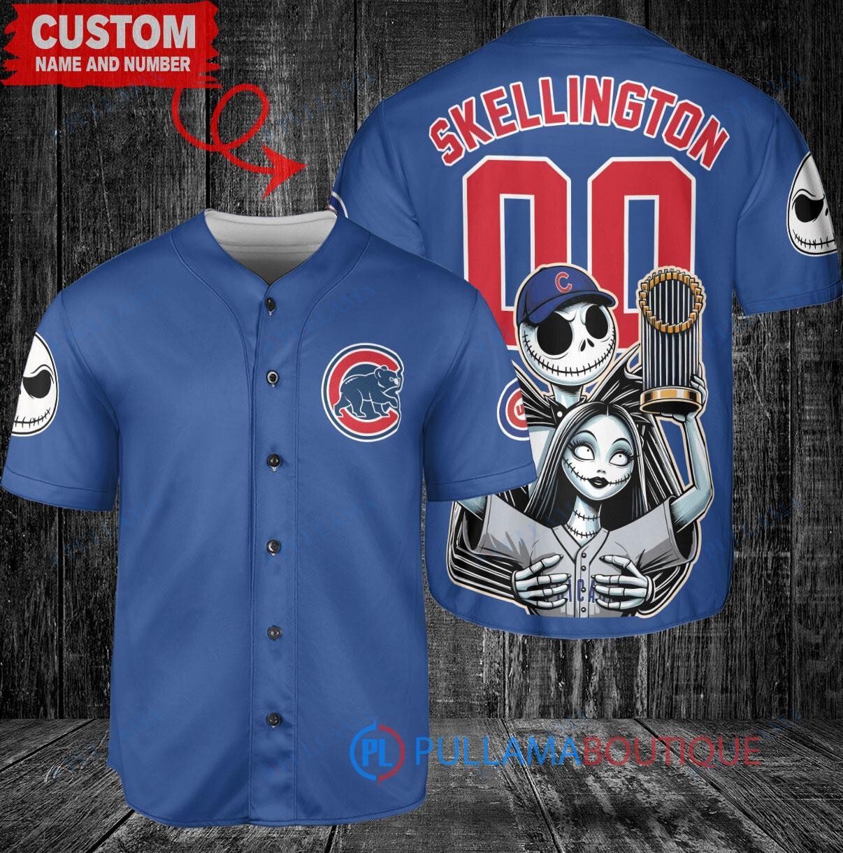 Chicago Cubs x Jack Skellington and Sally The Nightmare Before Christmas with World Series Trophy Custom Baseball Jersey Royal