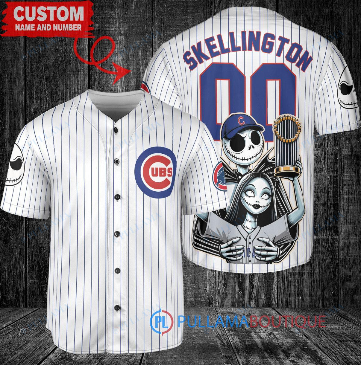 Chicago Cubs x Jack Skellington and Sally The Nightmare Before Christmas with World Series Trophy Custom Baseball Jersey White
