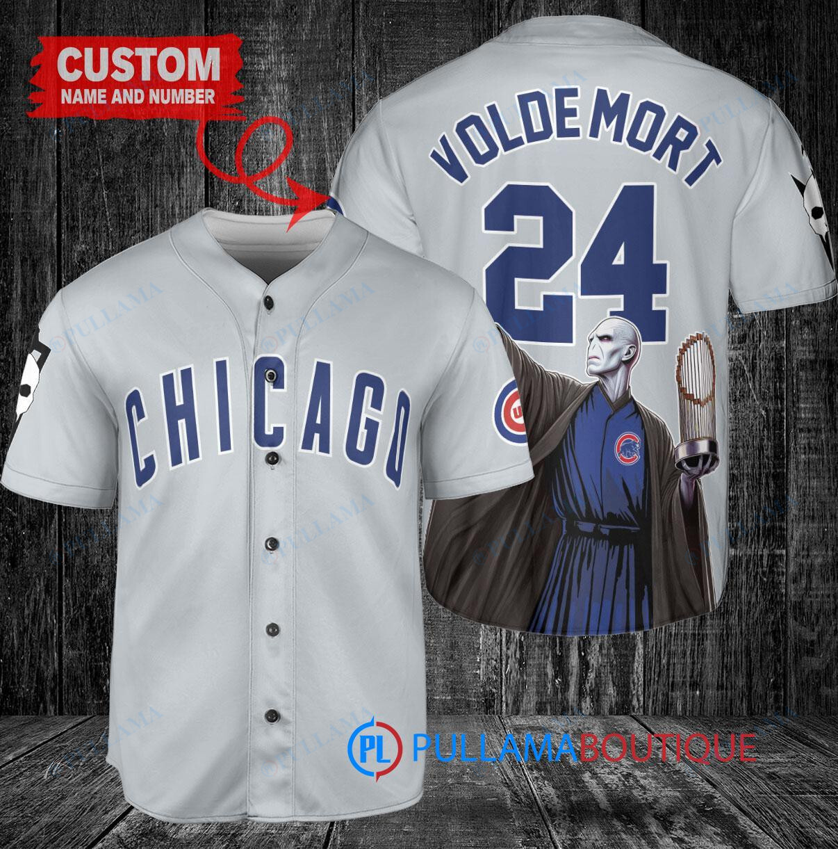 Chicago Cubs x Lord Voldemort Harry Potter with Trophy Custom Baseball Jersey Gray
