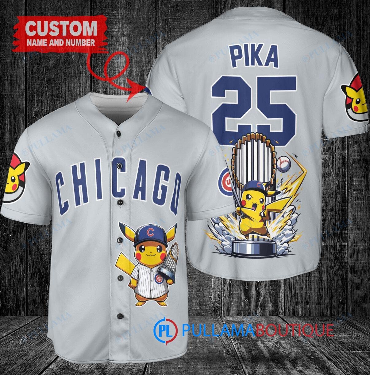 Chicago Cubs x Pikachu Pokemon with Trophy Custom Baseball Jersey Gray