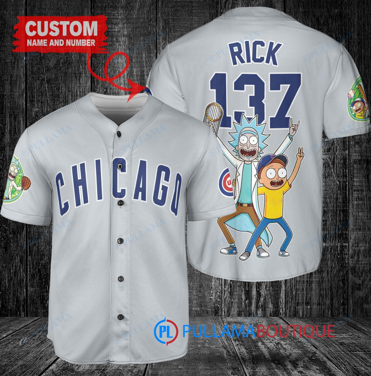 Chicago Cubs x Rick and Morty with Trophy Custom Baseball Jersey Gray