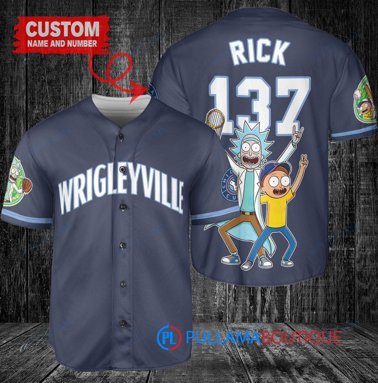 Chicago Cubs x Rick and Morty with Trophy Custom Baseball Jersey Navy