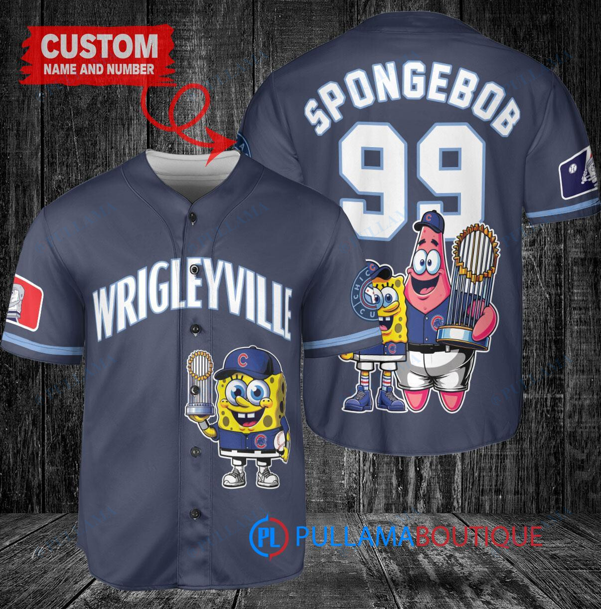Chicago Cubs x SpongeBob SquarePants with Trophy Custom Baseball Jersey Navy