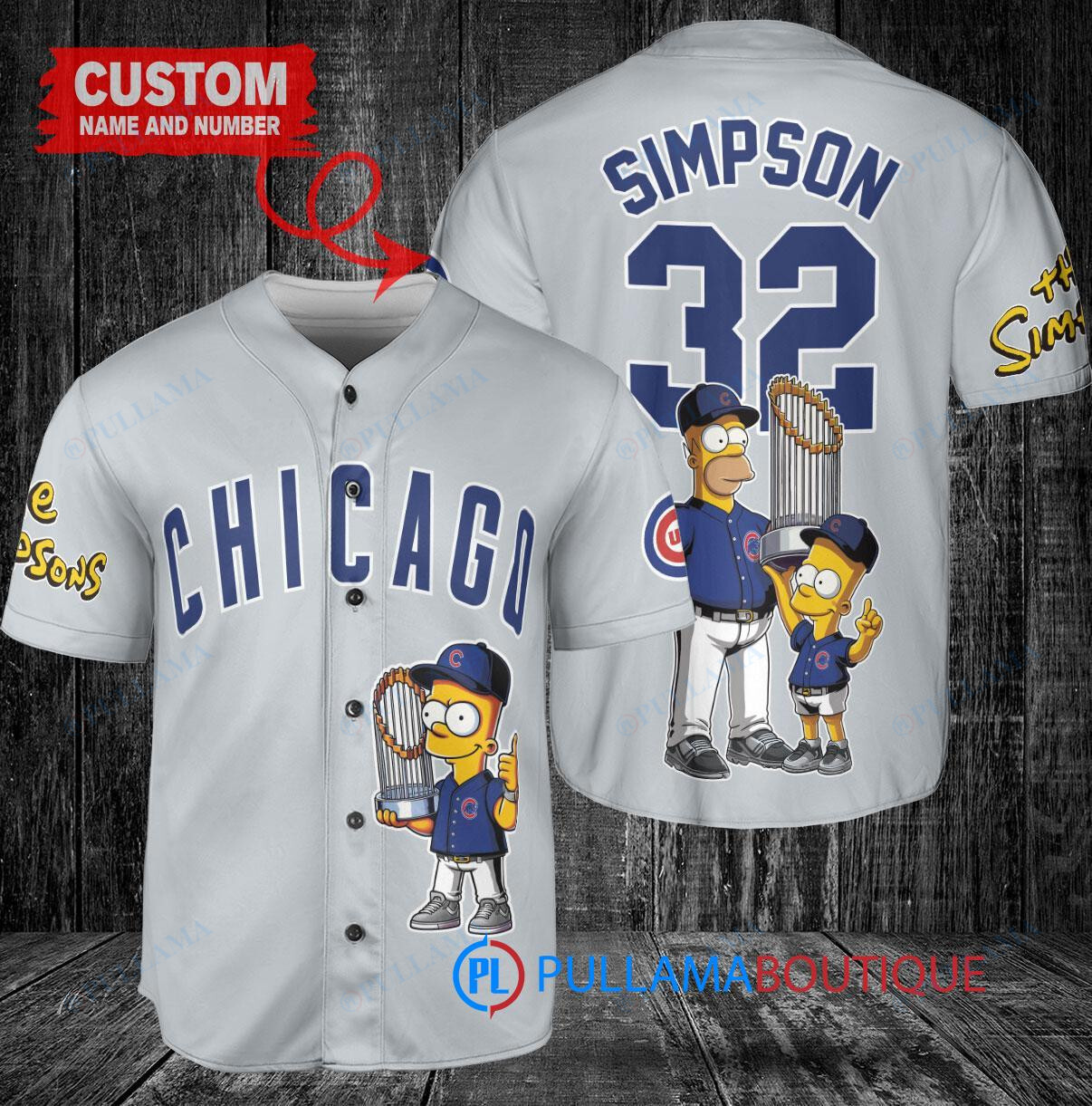 Chicago Cubs x The Simpsons Bart Simpson, Homer Simpson, Lisa Simpson with Trophy Custom Baseball Jersey Gray