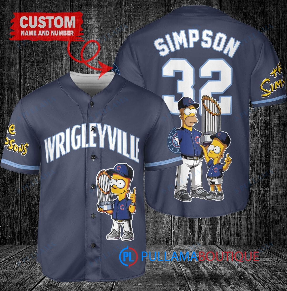 Chicago Cubs x The Simpsons Bart Simpson, Homer Simpson, Lisa Simpson with Trophy Custom Baseball Jersey Navy