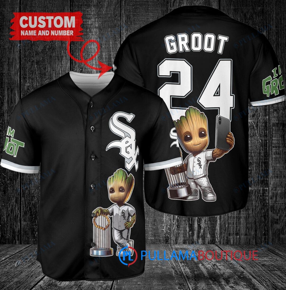 Chicago White Sox x Baby Groot Marvel Guardians Of The Galaxy with Trophy Custom Baseball Jersey Black