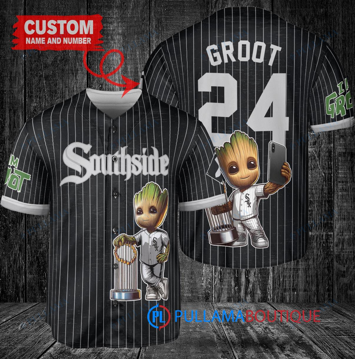 Chicago White Sox x Baby Groot Marvel Guardians Of The Galaxy with Trophy Custom Baseball Jersey Black City Connect