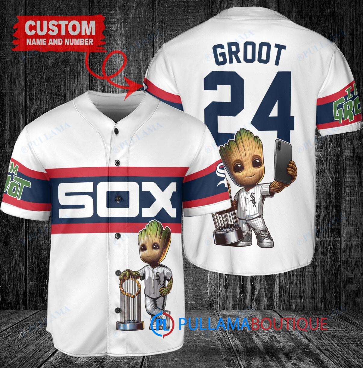 Chicago White Sox x Baby Groot Marvel Guardians Of The Galaxy with Trophy Custom Baseball Jersey White Stripe
