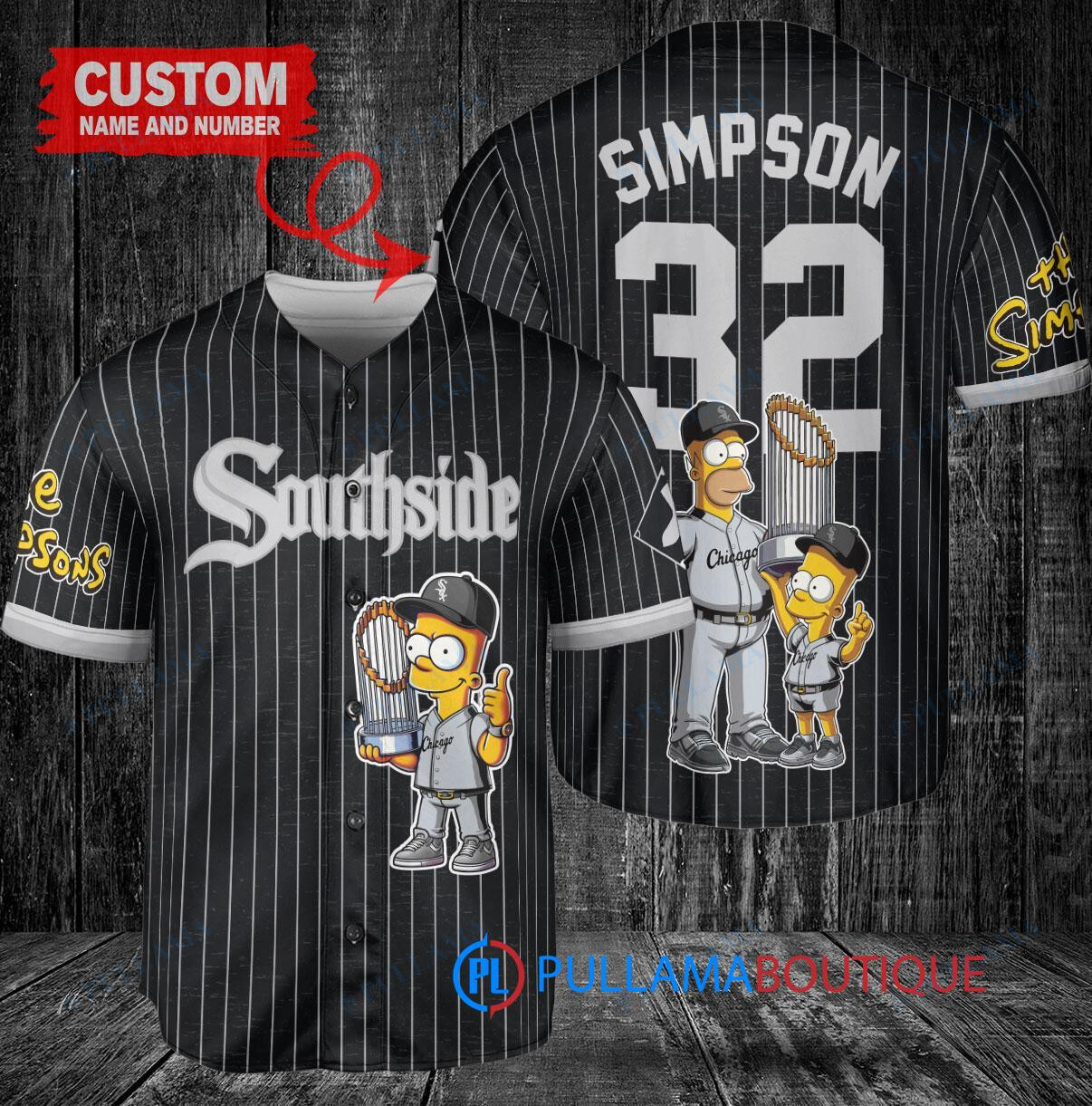 Chicago White Sox x The Simpsons Bart Simpson, Homer Simpson, Lisa Simpson with Trophy Custom Baseball Jersey Black City Connect