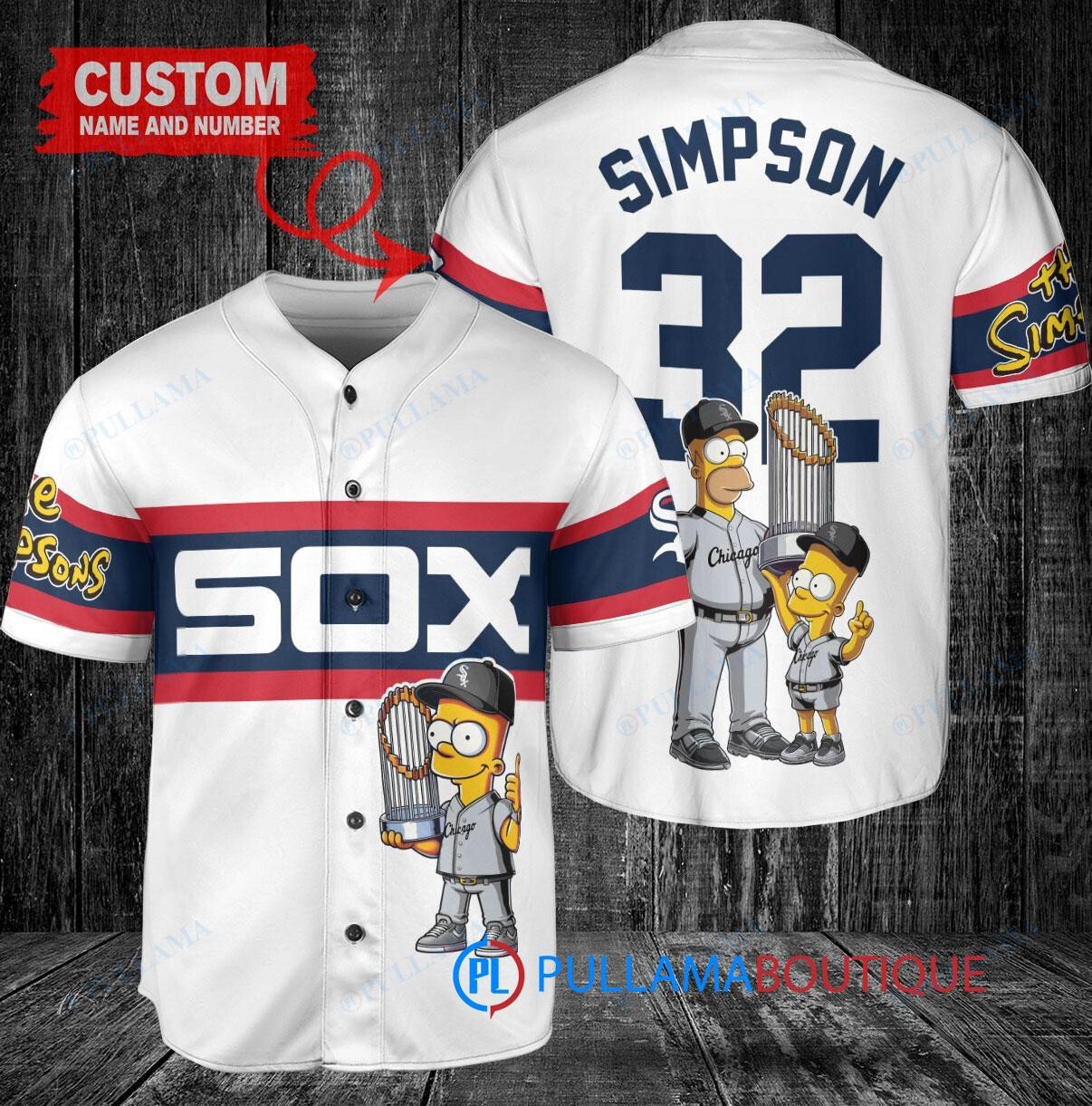 Chicago White Sox x The Simpsons Bart Simpson, Homer Simpson, Lisa Simpson with Trophy Custom Baseball Jersey White Stripe