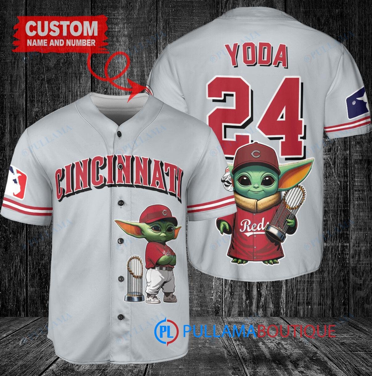 Cincinnati Reds Baby Yoda Star Wars Mandalorian Trophy Baseball Jersey Gray