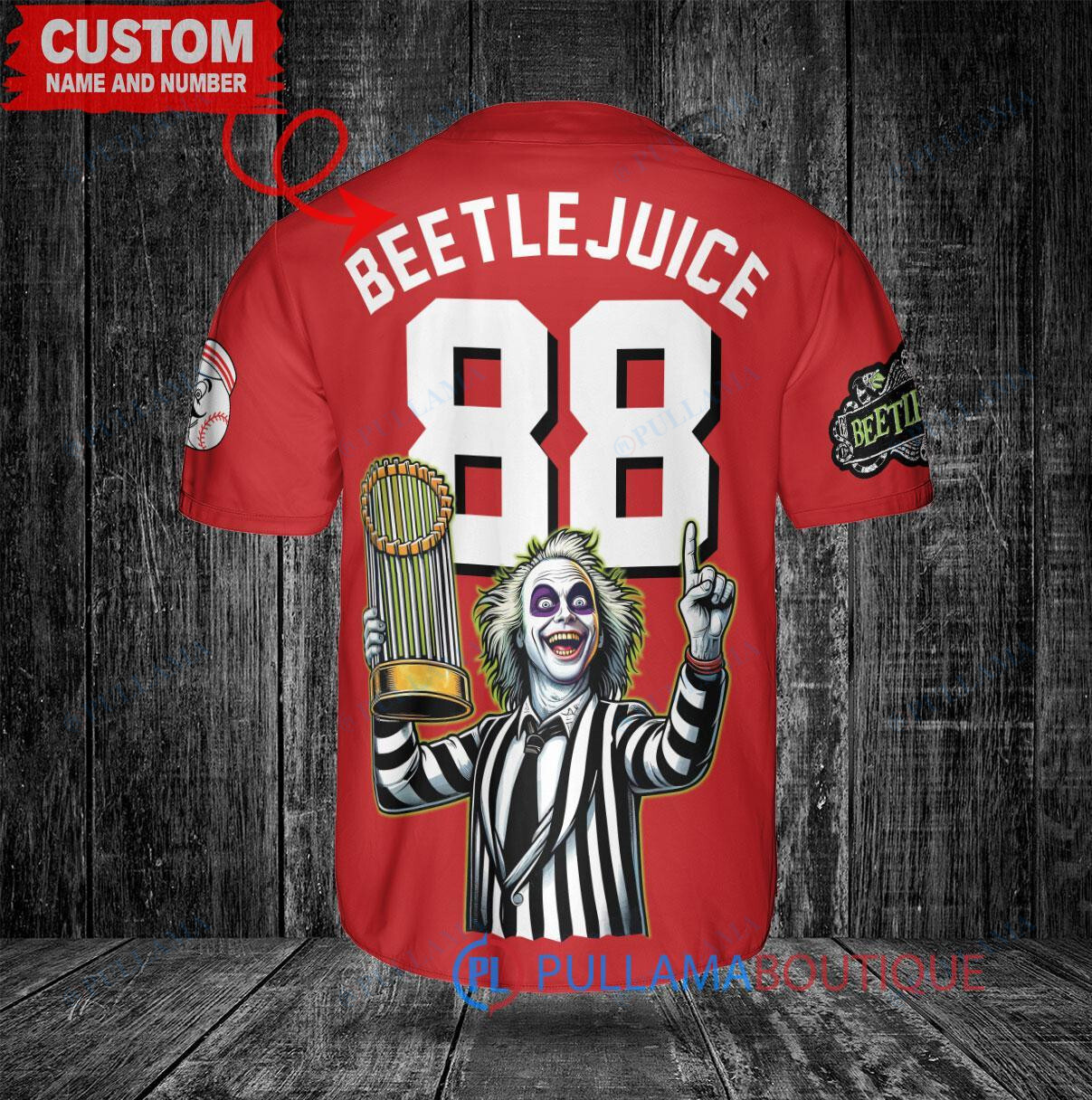 Cincinnati Reds Beetlejuice Halloween World Series Trophy Baseball Jersey Red