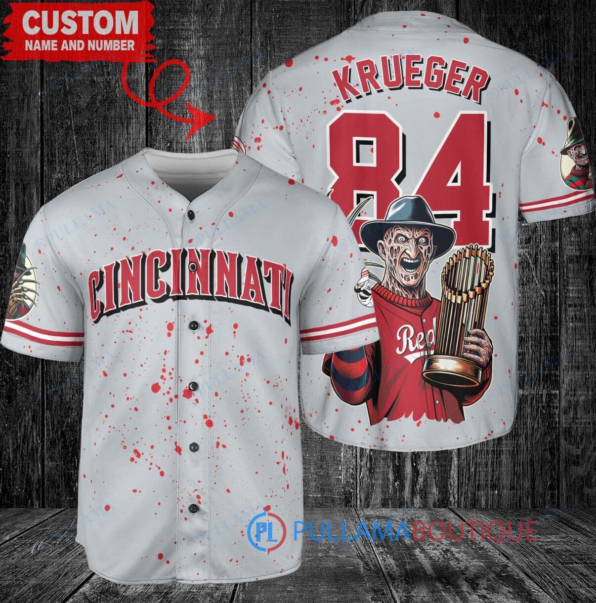 Cincinnati Reds Freddy Krueger Halloween World Series Trophy Baseball Jersey Gray