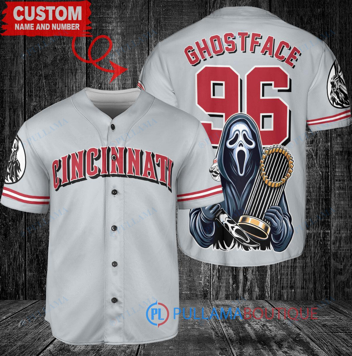 Cincinnati Reds Ghostface Scream Halloween World Series Trophy Baseball Jersey Gray
