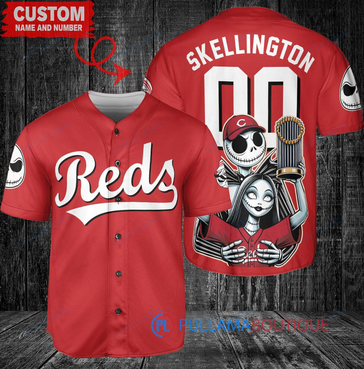 Cincinnati Reds Jack Skellington Sally World Series Trophy Baseball Jersey Red