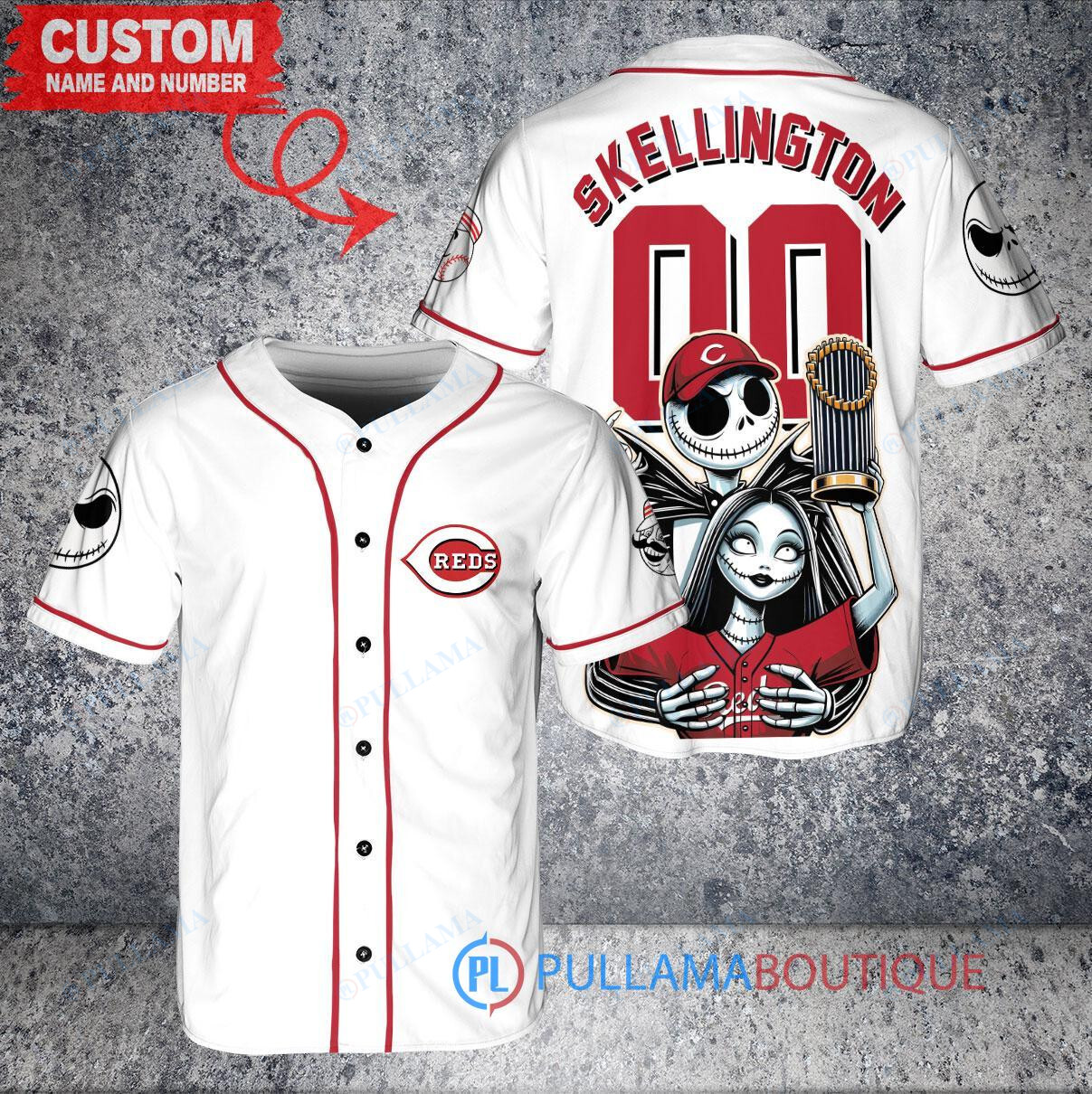 Cincinnati Reds Jack Skellington Sally World Series Trophy Baseball Jersey White