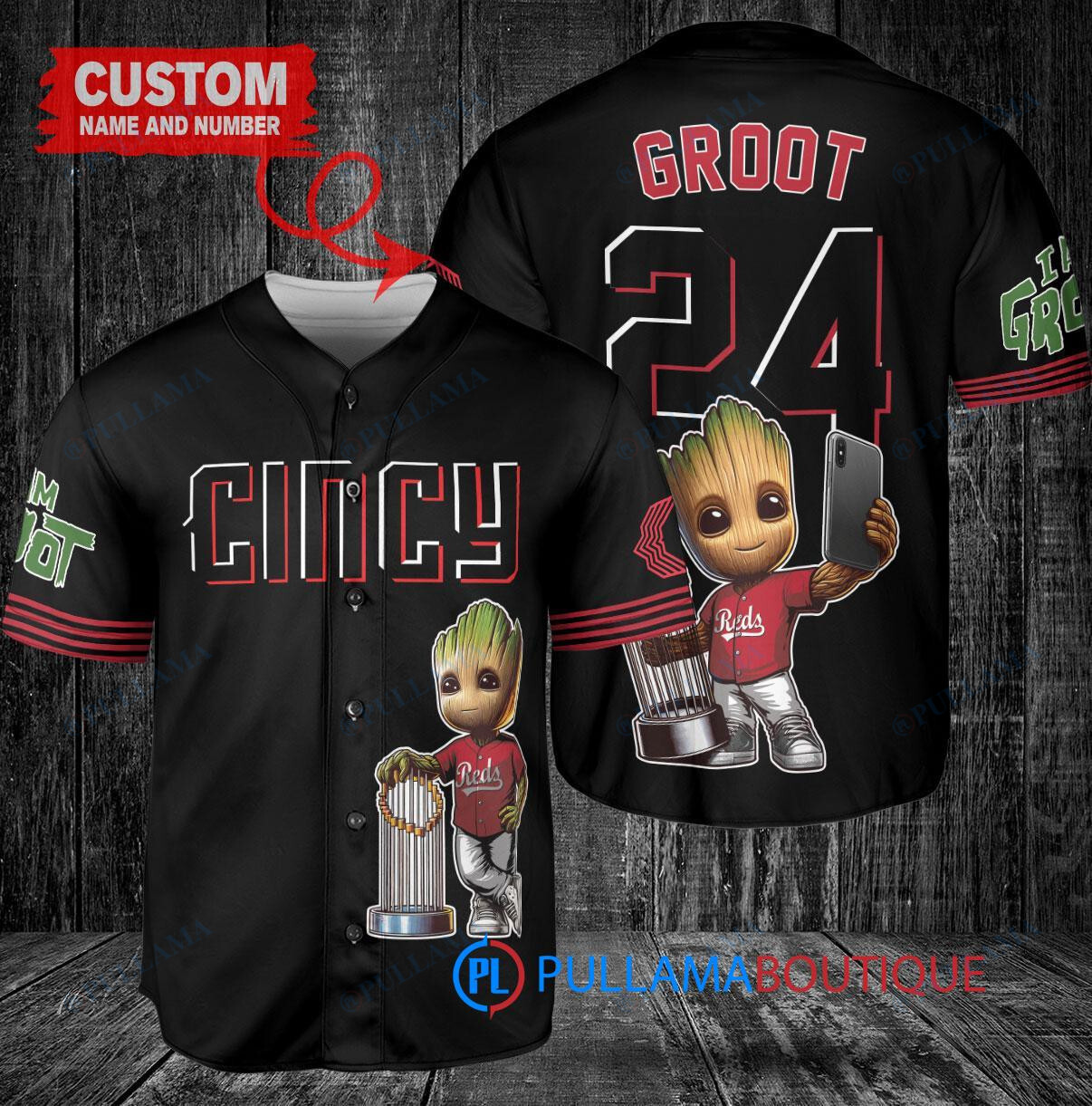 Cincinnati Reds x Baby Groot Marvel Guardians Of The Galaxy with Trophy Custom Baseball Jersey Black 2023 City Connect