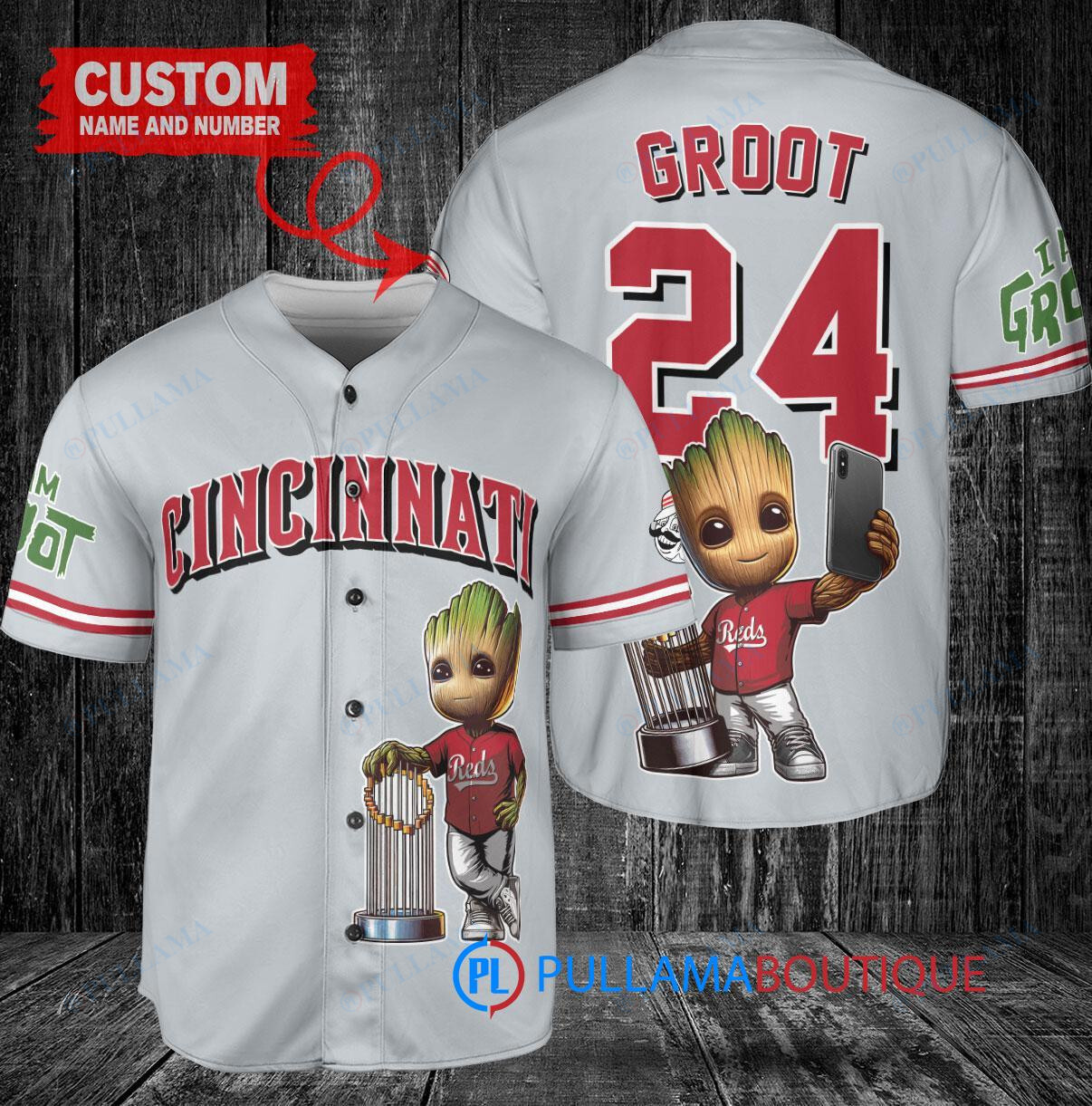 Cincinnati Reds x Baby Groot Marvel Guardians Of The Galaxy with Trophy Custom Baseball Jersey Gray