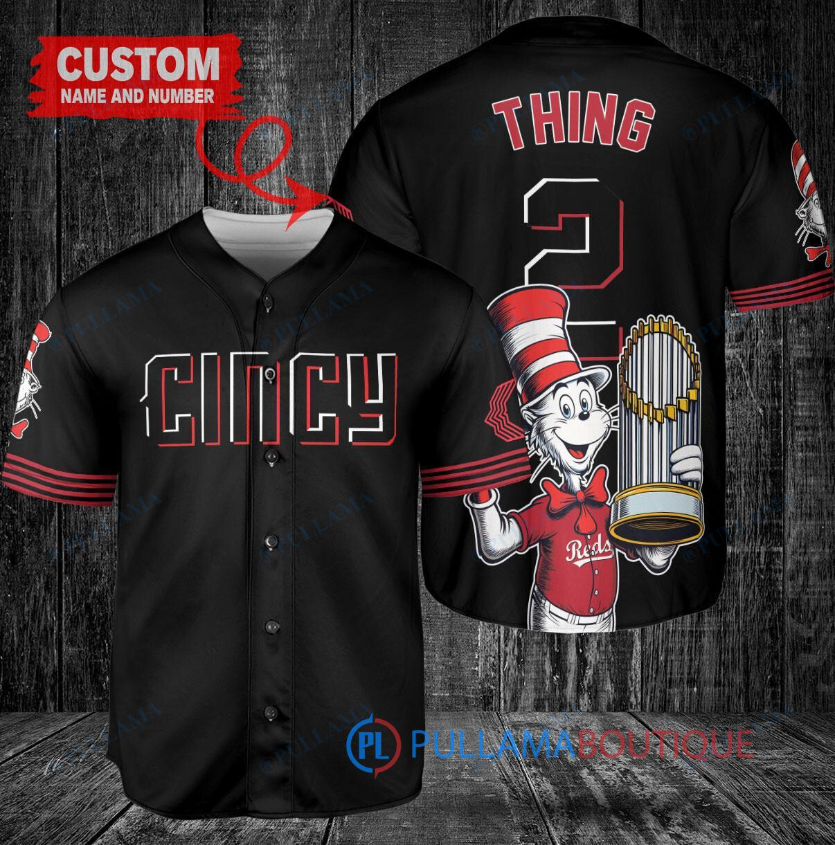 Cincinnati Reds x Dr Seuss with World Series Trophy Custom Baseball Jersey Black 2023 City Connect